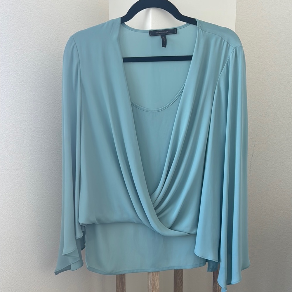 BCBGMaxAzria Blue Wrap 3/4 Sleeve Blouse